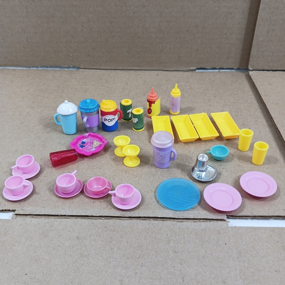 Vintage Doll Kitchen Accessories Lot Tea Cups Plates Soda Cans Trays Play Food